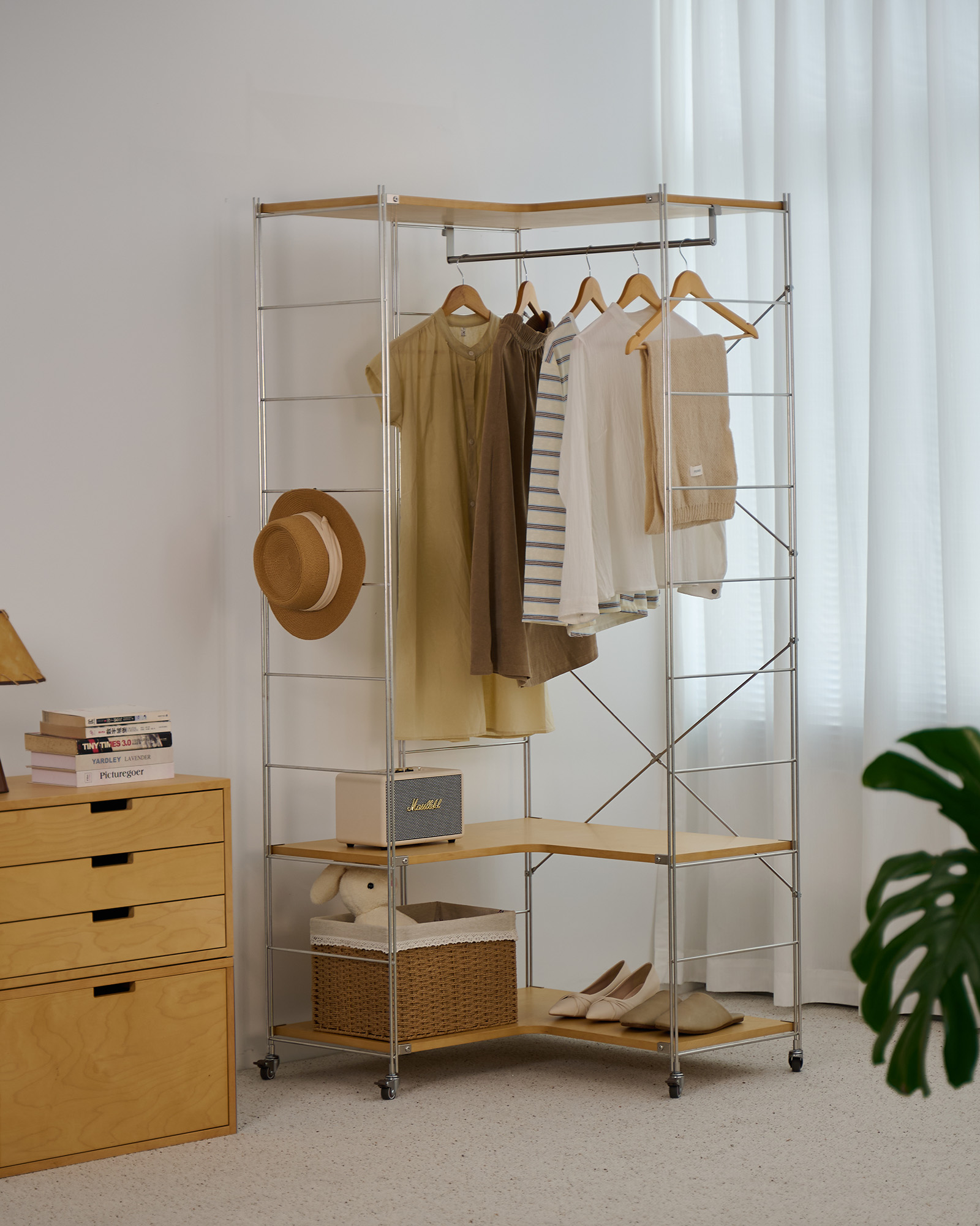 Birch L-Shaped Corner Garment Rack with Hanging Area