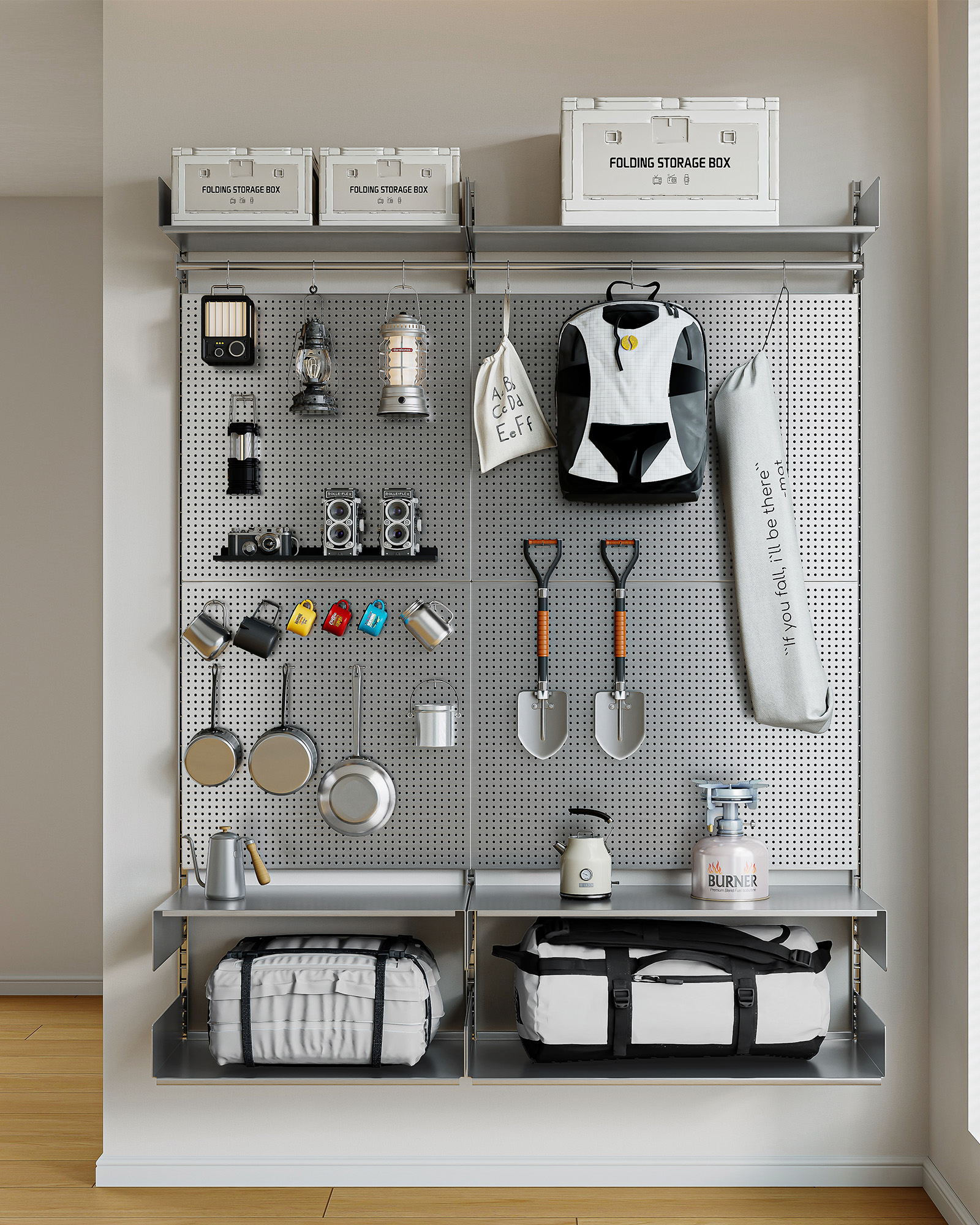 Stainless Steel Pegboard Organizer with Hanging Rail & Storage Shelves